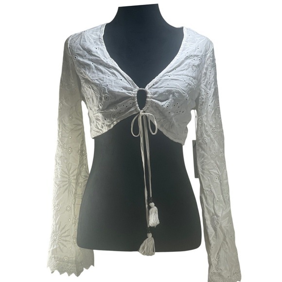 Forever 21 Cream Eyelet Swim Cover Up Top Tassel Tie Long Sleeve Y2K coquette - Picture 1 of 10